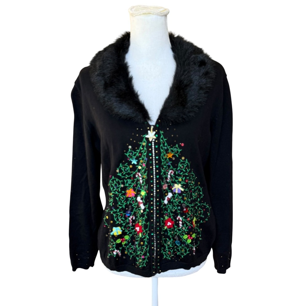 Jack B Quick Christmas Cardigan Faux Fur Collar Sequin Tree Zip Sweater Black M